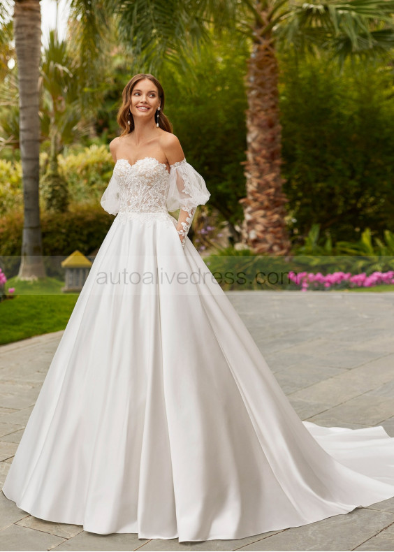 Strapless Ivory Lace Satin Wedding Dress With Pockets